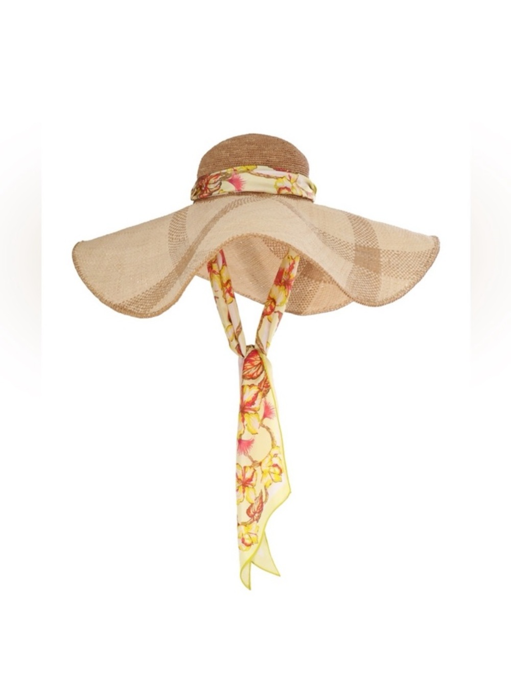Zimmermann Natural Straw Wide-Brim Hat with Yellow Floral Scarf